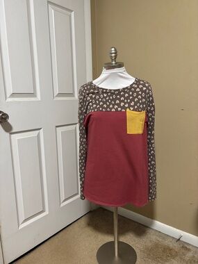 white birch Mauve Colorblock Long Sleeve Top with Leopard Yoke and Yellow Pocket